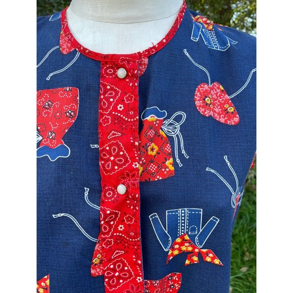 Vintage Full Smock Apron Hippy Bandana Print Red Blue - Picture 8 of 11